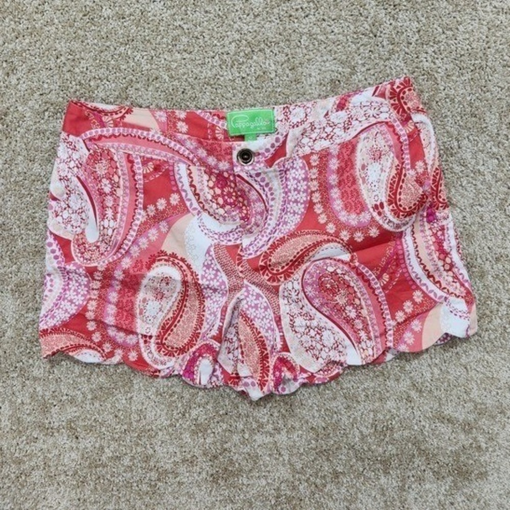 Pappagallo Shorts Paisley Pink Red Scalloped Hem Preppy 12